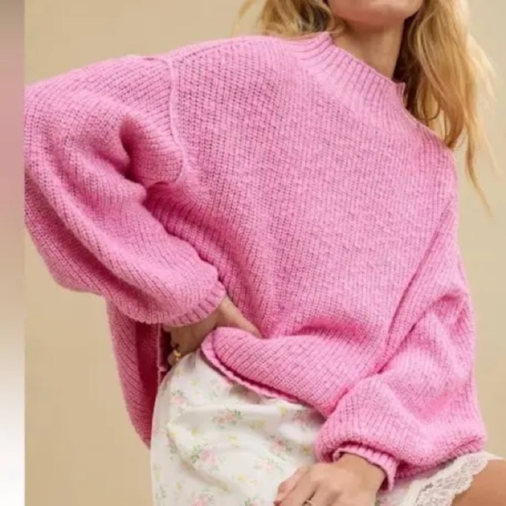 Aerie pink chunky knit turtleneck sweater, featuring a relaxed, oversized Large